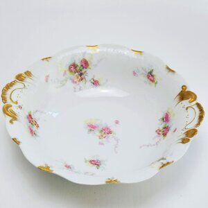Antique Limoges Shabby Chic Pink Floral Bowl Heavy Gold Trim Embossed c1890-1902